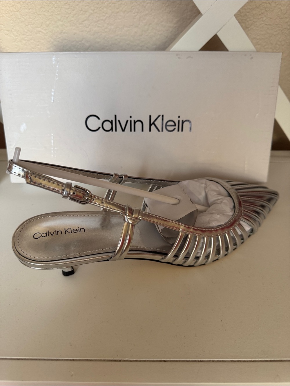 Calvin Klein Metallic Silver Slingback Kitten Heels